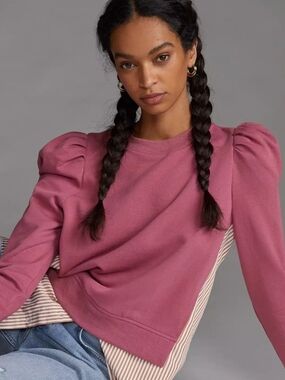 Maeve Puff-Sleeve Crewneck Sweatshirt in Dusty Rose